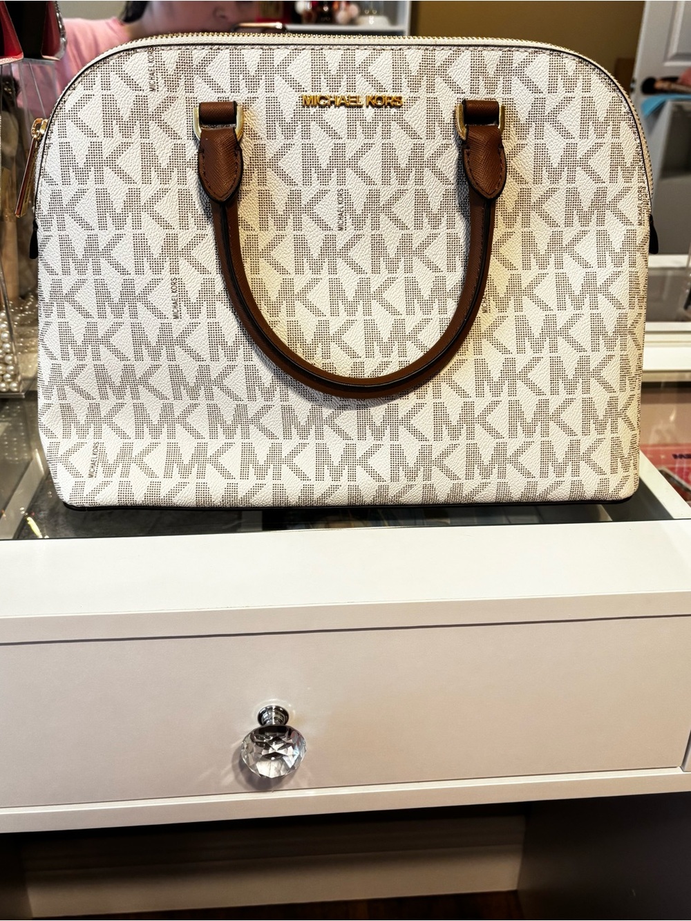 Michael Kors Cream Signature Dome Satchel with Brown Trim